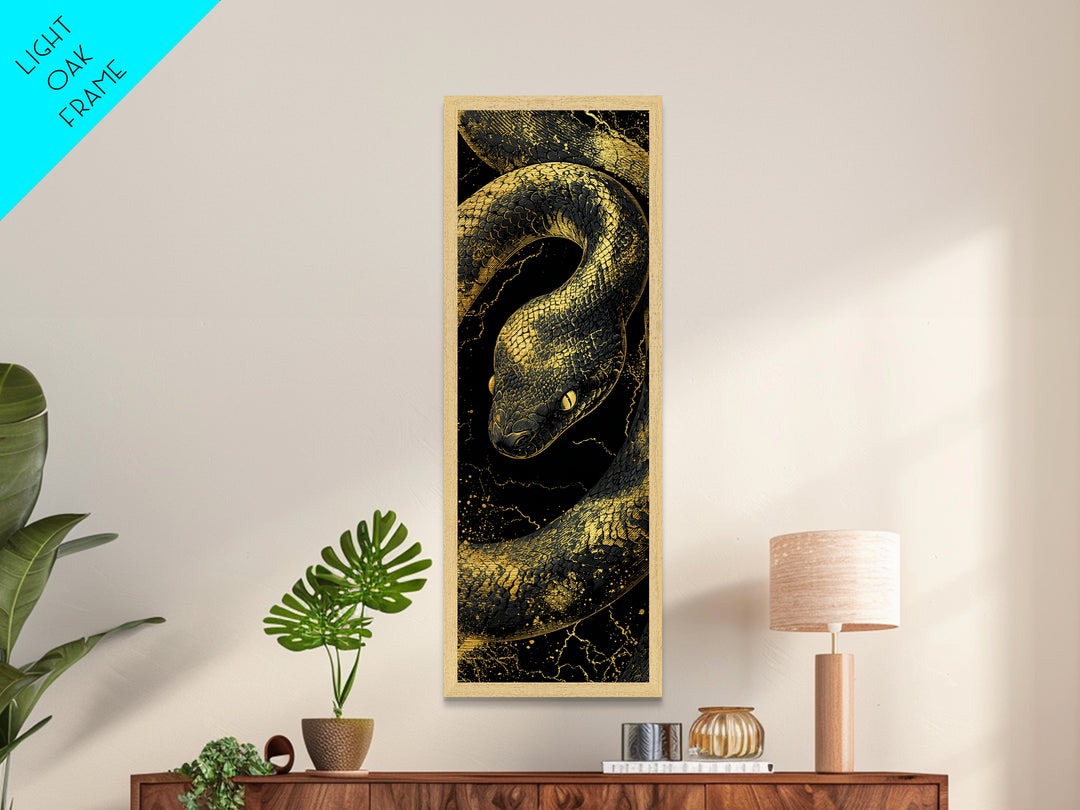 Nordic Snake Metallic Gold Art Metal Art | Viking Mythology Inspired Serpent Wall Decor | Man Cave or Dad Gift Framed in Real Wood