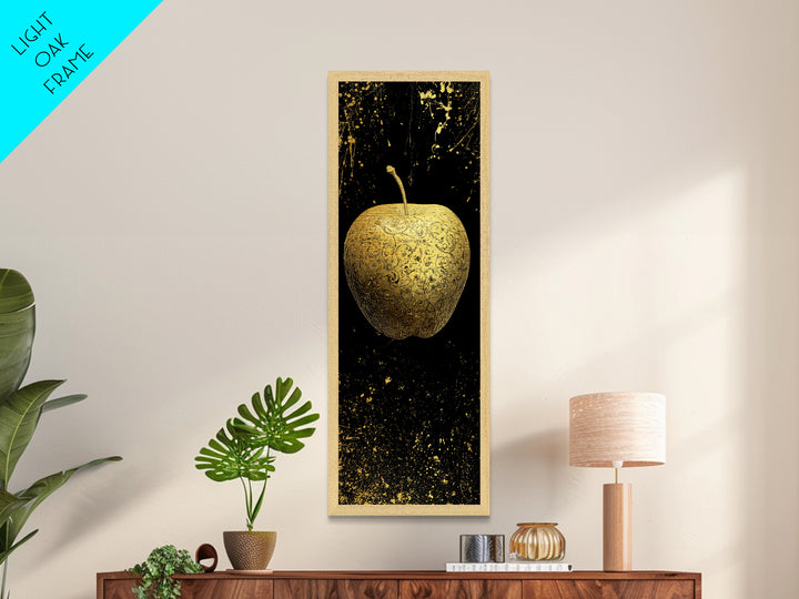 Golden Apple of Idunn Metallic Gold Art Metal Art, Norse Mythology Wall Decor, Viking Man Cave or Office Art in natural wood frame