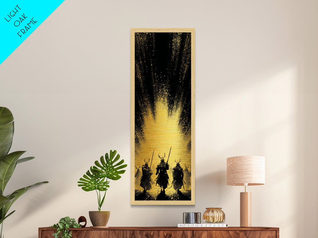 Norse Mythology Metallic Gold Art of Einherjar Warriors, Viking Metal Art for Dad Gift or Office Art, Nordic Battle Scene Framed in Natural Wood