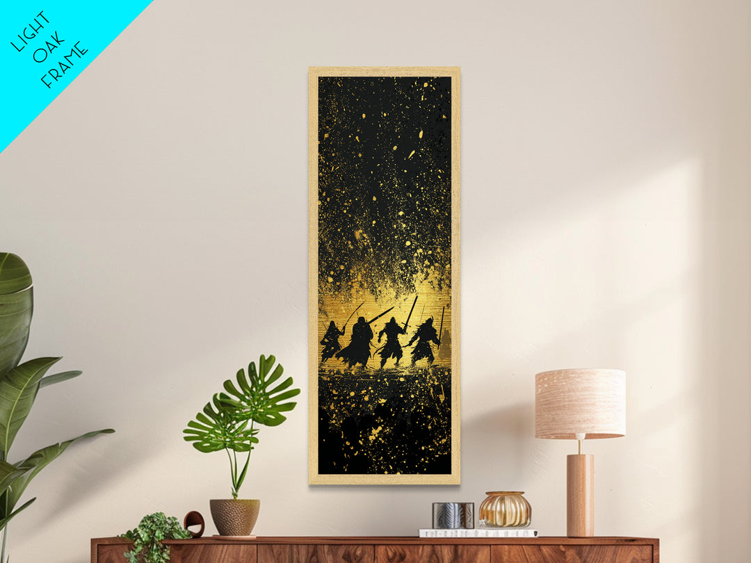 Viking Warriors Metallic Gold Art, Norse Mythology Metal Art Depicting Heroic Einherjar, Man Cave and Office Wall Decor with Real Wood Framing