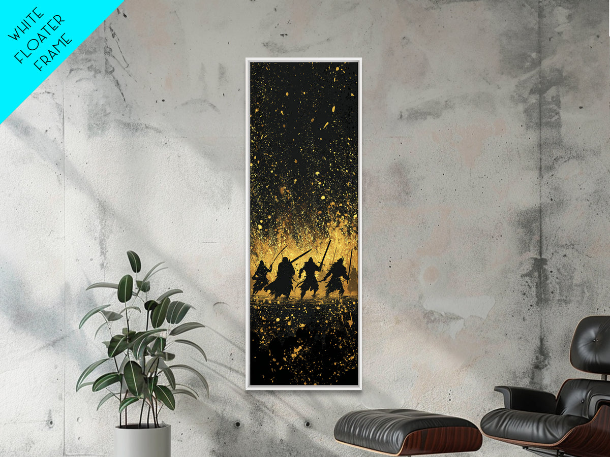Viking Warriors Canvas Gold Art, Norse Mythology Canvas Art Depicting Heroic Einherjar, Man Cave and Office Wall Decor with Real Wood Framing