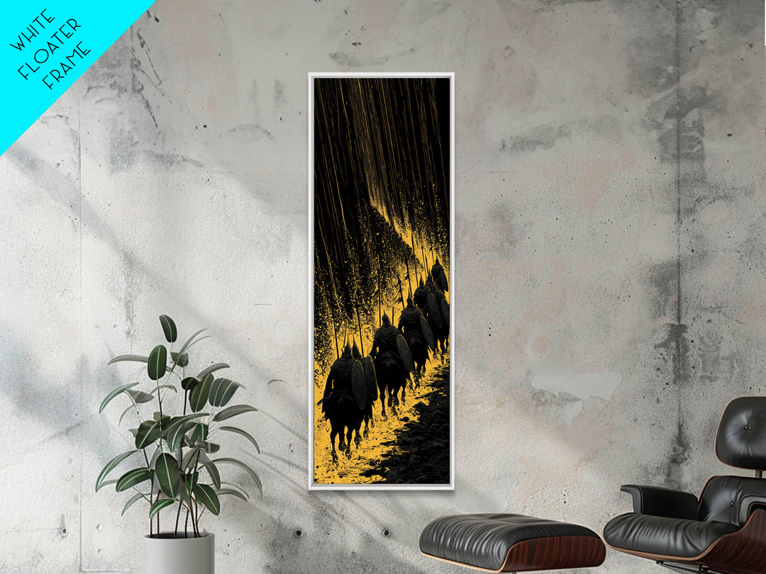 Einherjar Warriors Canvas Gold Art, Viking Battle Canvas Art with Norse Mythology Theme, Office or Man Cave Wall Decor in Real Wood Frame