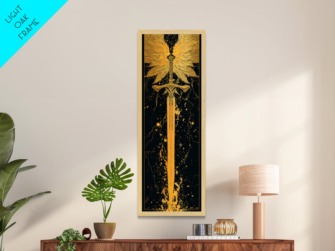 Norse Viking Sword Metallic Gold Art, Nordic Mythology Metal Art Featuring Golden Weapon, Man Cave Office Wall Decor with Elegant Natural Wood Frame