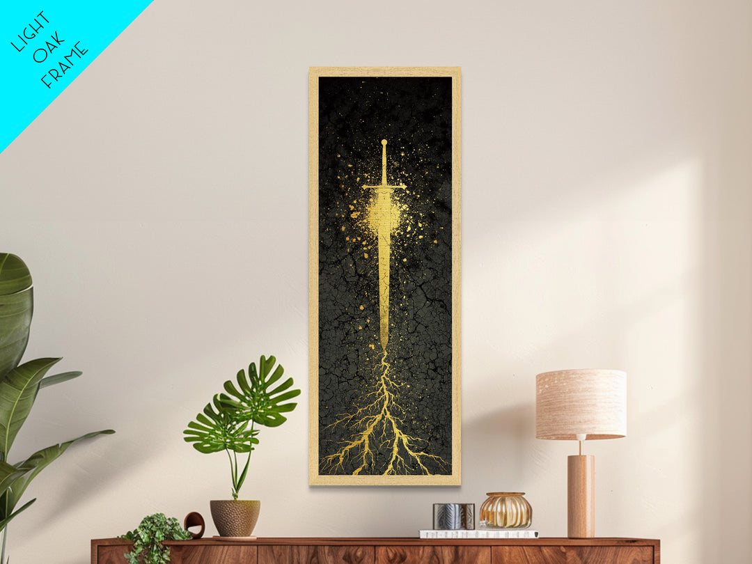 Metallic Gold Art of Runic Viking Sword – Nordic Mythology Metal Art, Norse Decor with real wood frame, perfect Dad Gift