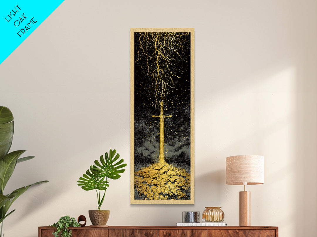 Storm-Forged Viking Sword Metallic Gold Art – Striking Nordic Mythology Metal Art with lightning, real wood frame included