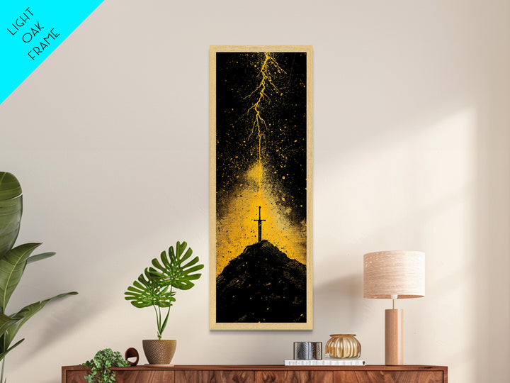 Metal Art Norse Sword of Power – Metallic Gold Art inspired by Viking legends, wall décor framed in authentic real wood