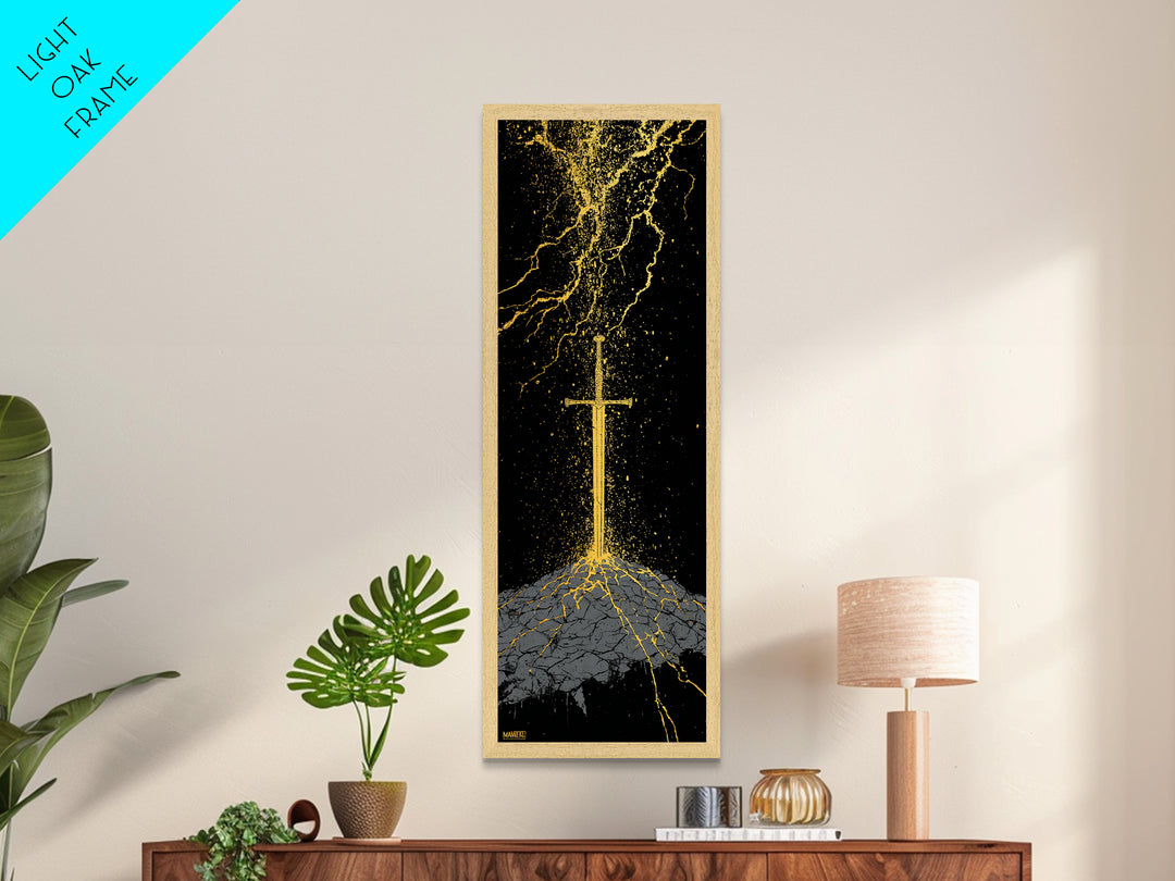 Viking Sword Under Thunder Metallic Gold Art – Nordic Mythology Metal Art, bold wall décor for office, with real wood frame
