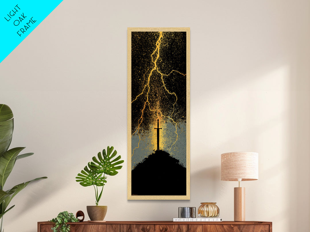Mythic Norse Sword Metallic Gold Art – Viking-inspired Metal Art, perfect Man Cave Art or Office Gift, framed in natural wood