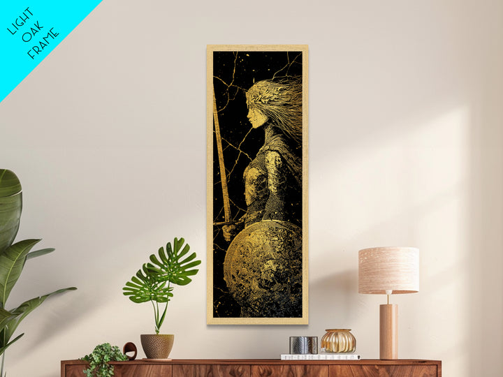 Hervor the Shieldmaiden Metallic Gold Art – Powerful Norse Warrior Metal Art for Man Cave or Office, framed with real wood
