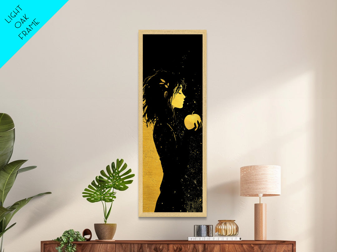 Idunn with Golden Apple Metallic Gold Art – Norse Goddess Metal Art, Viking Mythology wall décor framed in natural wood