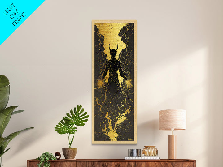 Loki Trickster God Metallic Gold Art – Dark Norse Mythology Metal Art, Viking wall décor for men, framed in solid real wood