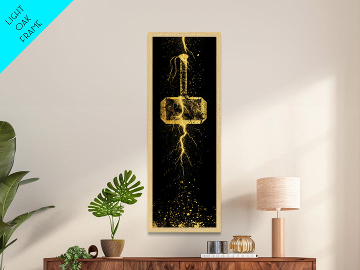Thor’s Hammer Mjolnir Metallic Gold Art, Viking Metal Art Norse Mythology Wall Decor, Office or Man Cave Artwork in Real Wood Frame