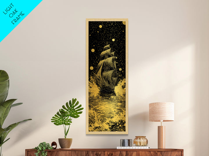 Naglfar Ship Norse Mythology Wall Decor, Metallic Gold Art Viking Metal Art, Unique Dad Gift Office or Study Framed in Natural Wood