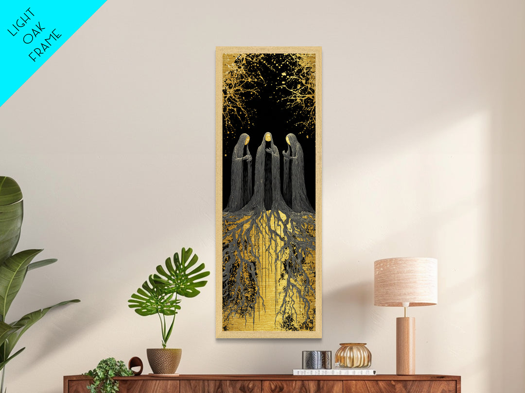 The Norns Metallic Gold Art, Viking Metal Art of Norse Fates, Nordic Mythology Wall Hanging, Spiritual Office Art with Real Wood Frame