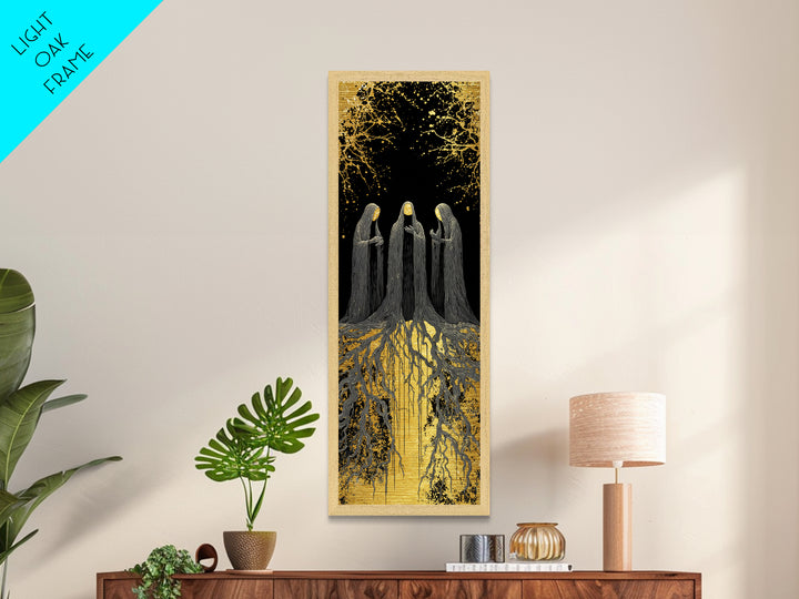 The Norns Metallic Gold Art, Viking Metal Art of Norse Fates, Nordic Mythology Wall Hanging, Spiritual Office Art with Real Wood Frame