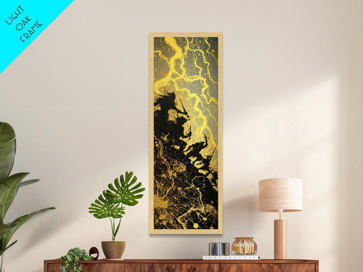 Ragnarok Metallic Gold Art, Viking Metal Art Epic Norse Mythology Battle Scene, Nordic Warrior Office Wall Decor Framed in Natural Wood