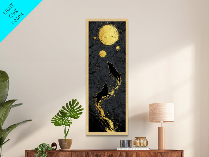 Sköll and Hati Wolves Metallic Gold Art, Viking Metal Art Norse Mythology Wall Decor, Nordic Moon Wolves Office or Man Cave in Wood Frame