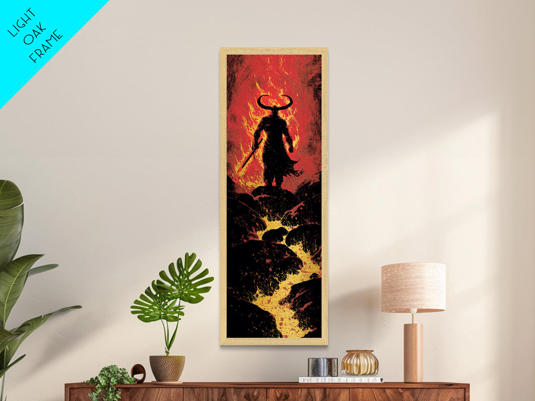 Surtur Norse Fire Giant Metallic Gold Art, Viking Metal Art Nordic Mythology Warrior Decor, Office or Dad Gift Framed in Natural Wood