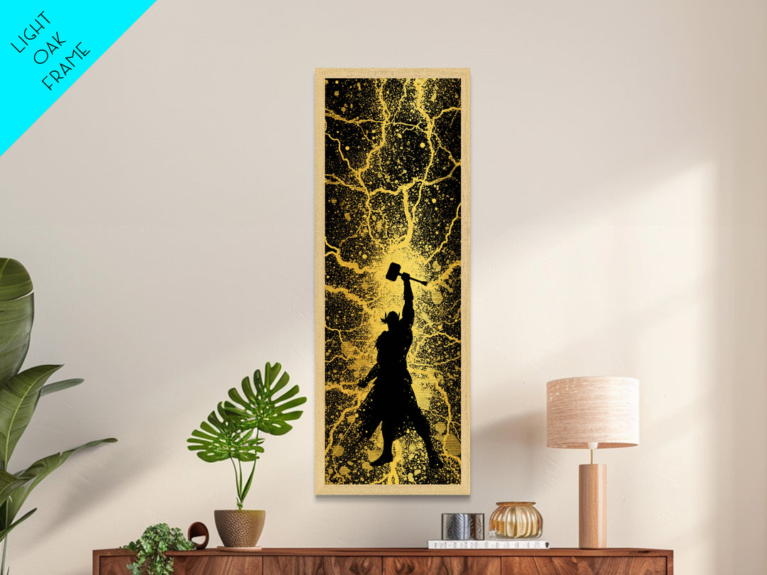 Thor Metallic Gold Art, Viking Metal Art Norse God of Thunder Wall Decor, Nordic Mythology Office or Man Cave Art in Real Wood Frame
