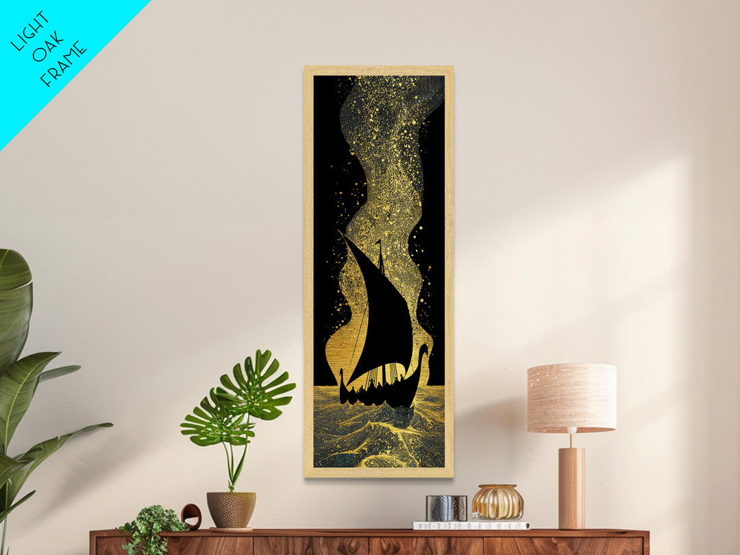 Nordic Viking Ship Metallic Gold Art, Mythology Inspired Metal Art for Office or Man Cave, framed in authentic wood craftsmanship