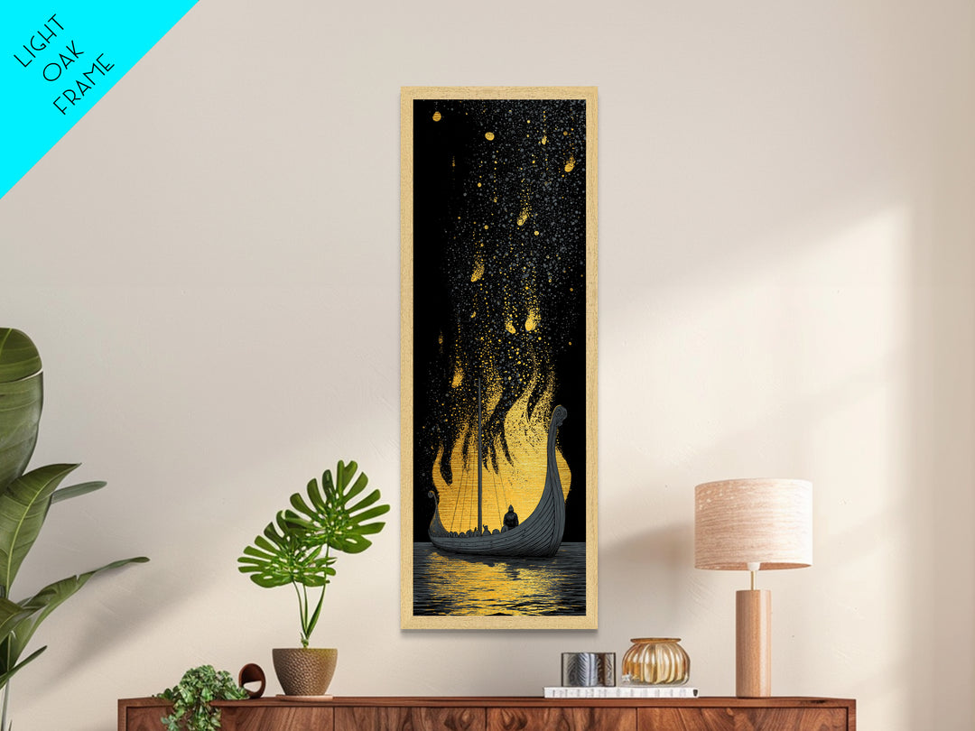 Viking Funeral Ship Metallic Gold Art, Norse Mythology Metal Art framed with real wood, Nordic man cave wall art gift idea