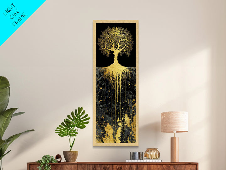 Metal Art Yggdrasil Nordic Tree of Life, Metallic Gold Art framed with real wood, Norse Mythology inspired office or dad gift wall art