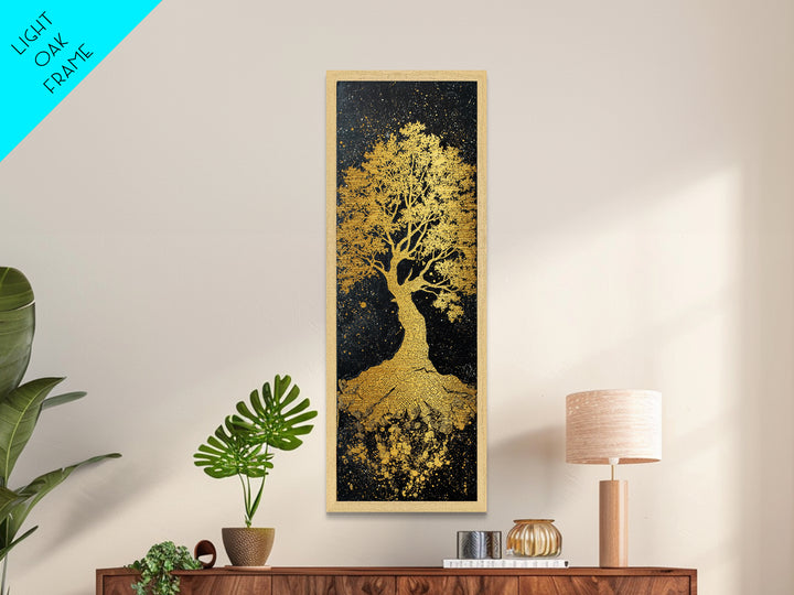 Yggdrasil Metallic Gold Art Norse World Tree, Nordic Mythology Metal Art framed in natural wood, perfect Viking man cave wall decor