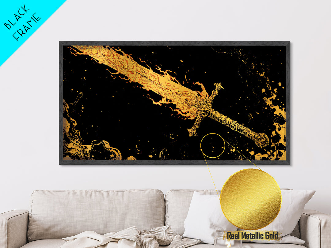 Surtur’s Flaming Sword Metallic Gold Art Metal Art Viking Wall Decor, Norse Mythology Office Gift with Real Wood Frame