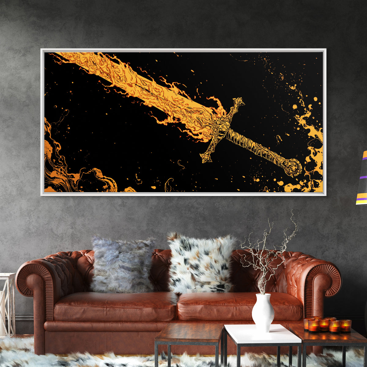 Surtur’s Flaming Sword Canvas Gold Art Canvas Art Viking Wall Decor, Norse Mythology Office Gift with Real Wood Frame