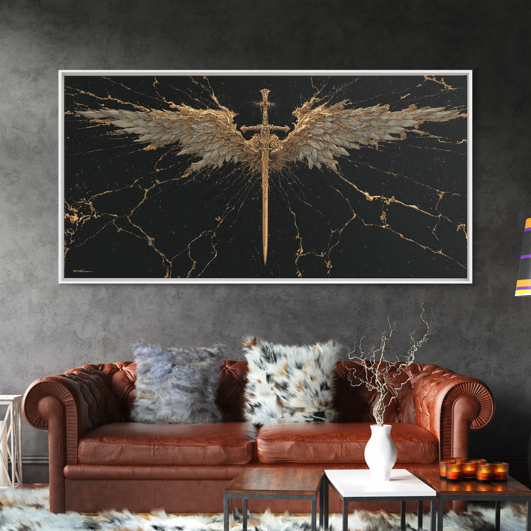 Winged Sword Canvas Gold Art Canvas Art Norse Mythology Wall Art Framed in Real Wood, Viking Office Decor or Dad Gift