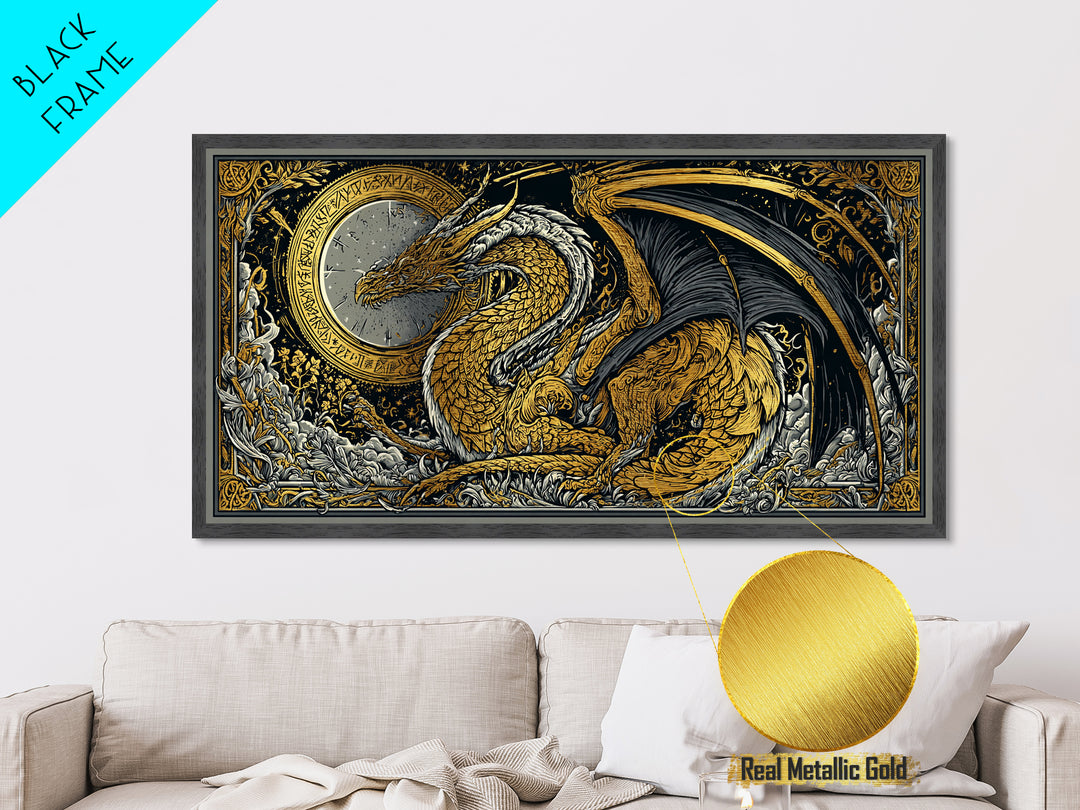 Nidhogg Dragon Metallic Gold Art Metal Art Norse Mythology Wall Decor with Real Wood Frame, Viking Man Cave or Office Gift
