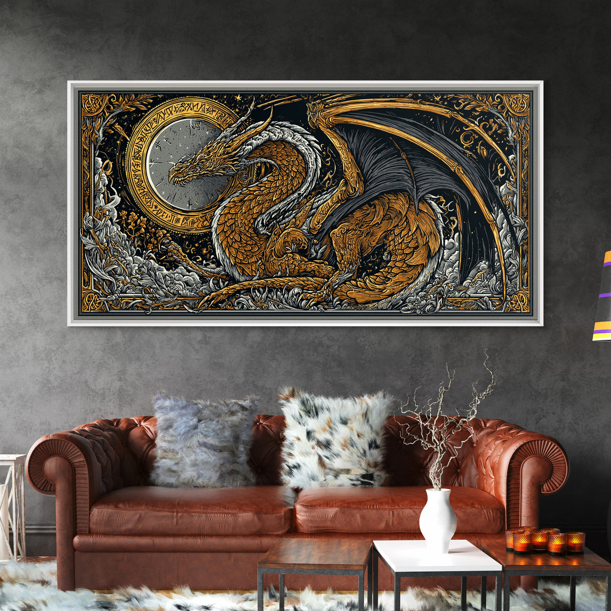 Nidhogg Dragon Canvas Gold Art Canvas Art Norse Mythology Wall Decor with Real Wood Frame, Viking Man Cave or Office Gift