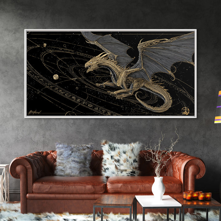 Cosmic Norse Dragon Canvas Gold Art Canvas Art Wall Decor, Nordic Mythology Gift for Office or Man Cave, Natural Wood Frame
