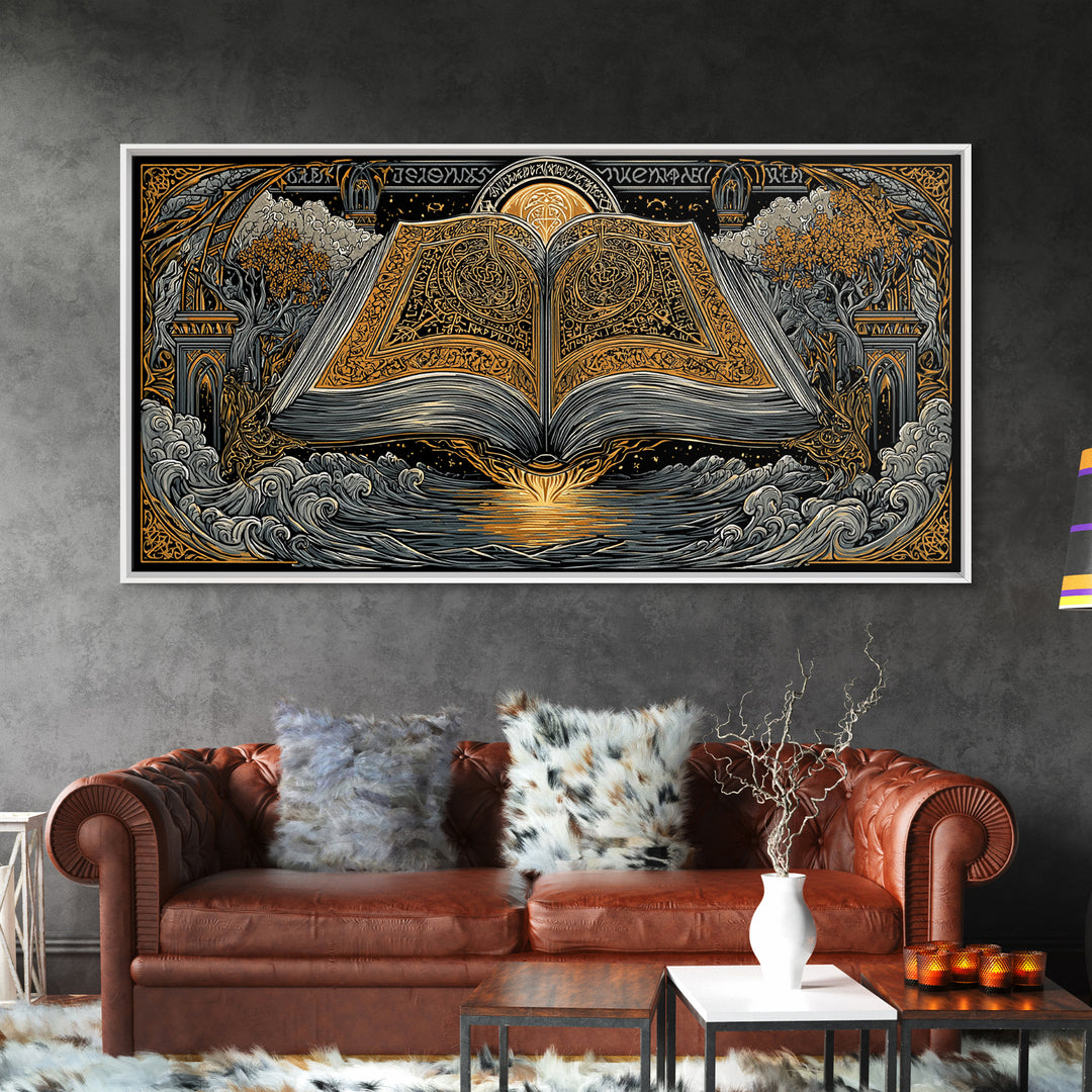 Poetic Edda Book Canvas Gold Art Canvas Art Norse Mythology Wall Decor with Real Wood Frame, Viking Office or Dad Gift Artwork