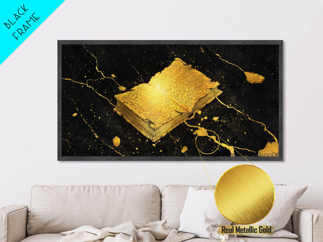Ancient Nordic Runes Book Metallic Gold Art Metal Art with Cosmic Background, Viking Mythology Wall Decor, Real Wood Frame