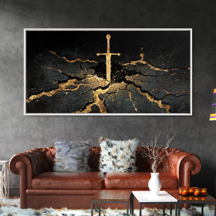 Sword of Ragnarok Canvas Gold Art, Nordic Mythology Canvas Art Wall Decor, Viking Office Art framed in natural wood for men’s spaces