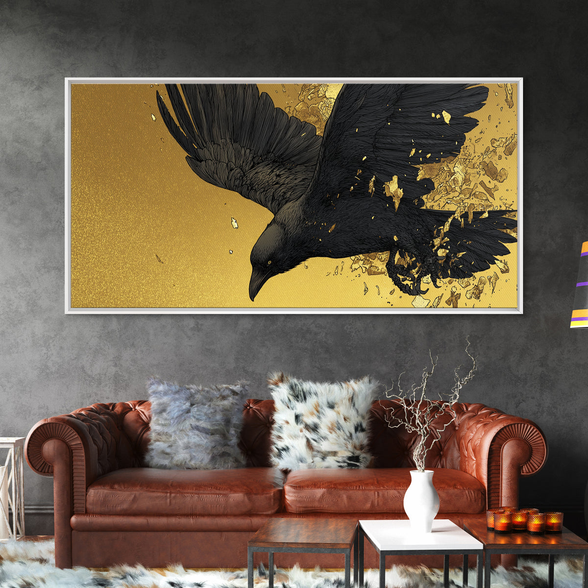 Odin’s Raven Huginn Canvas Gold Art Canvas Art Norse Mythology Wall Decor with Natural Wood Frame, Man Cave or Office Gift