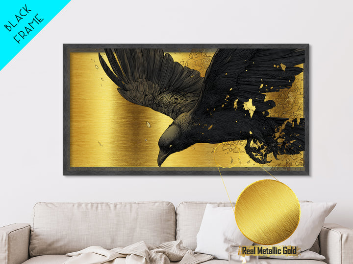 Odin’s Raven Huginn Metallic Gold Art Metal Art Norse Mythology Wall Decor with Natural Wood Frame, Man Cave or Office Gift