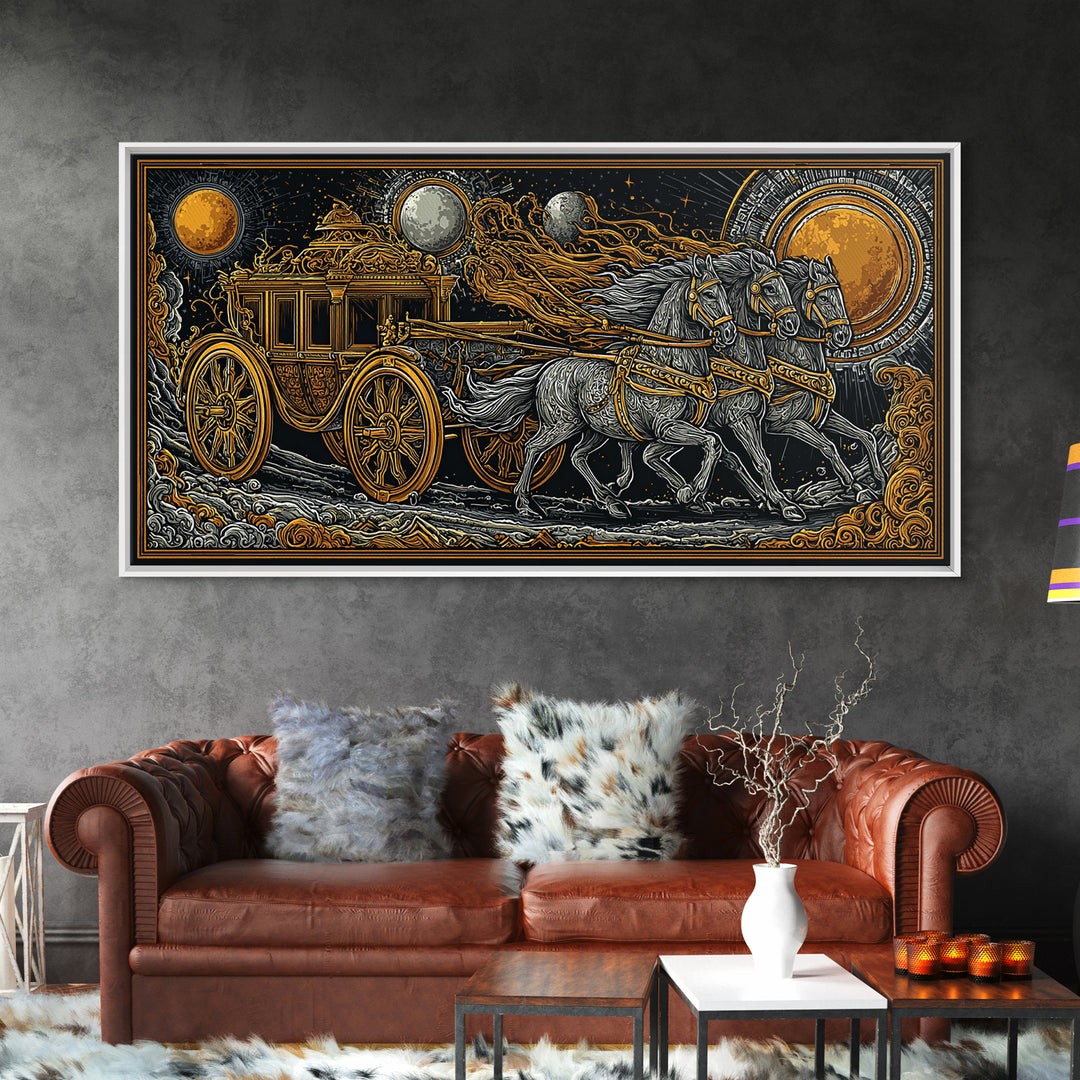 Chariot of Sol Norse Canvas Gold Art, Nordic Mythology Canvas Art Wall Hanging, Viking Decor for Office or Dad Gift, framed in wood