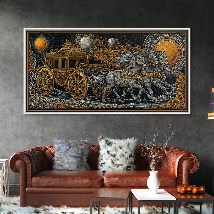 Chariot of Sol Norse Canvas Gold Art, Nordic Mythology Canvas Art Wall Hanging, Viking Decor for Office or Dad Gift, framed in wood