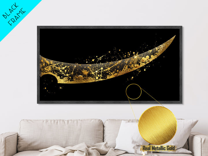 Curved Viking Blade Metallic Gold Art, Nordic Mythology Metal Art Sword Print, Man Cave Wall Decor with real wood frame, warrior gift