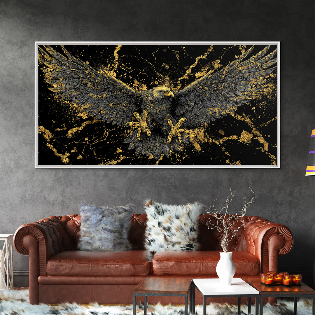 Odin’s Golden Eagle Canvas Gold Art, Norse Mythology Canvas Art Wall Decor, Viking Office Art framed in wood, bold masculine design
