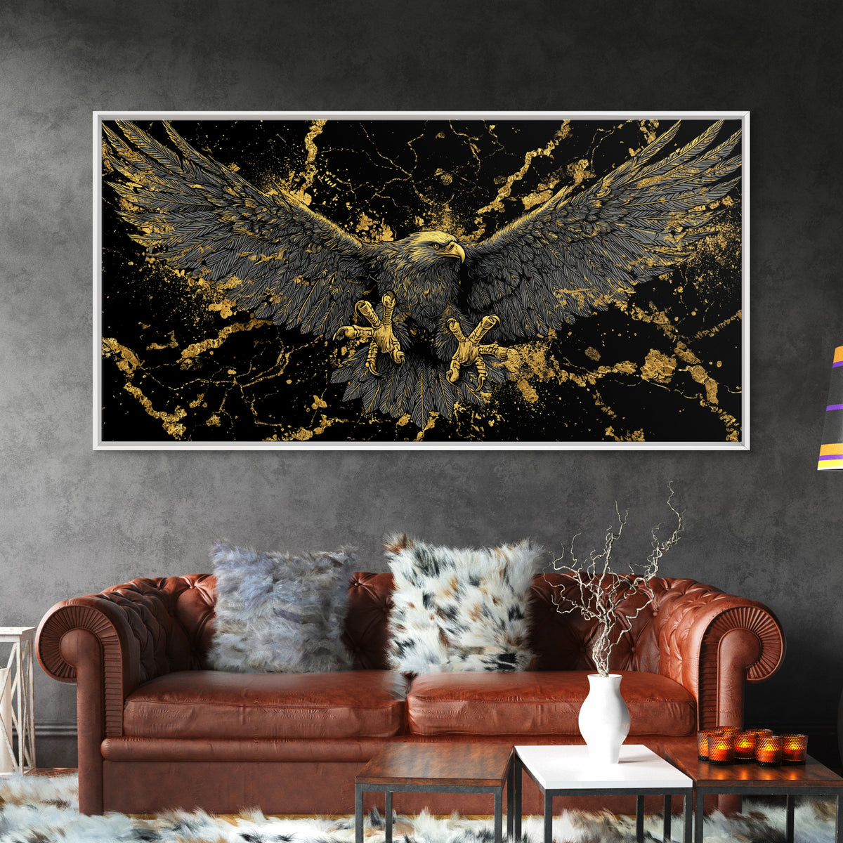 Odin’s Golden Eagle Canvas Gold Art, Norse Mythology Canvas Art Wall Decor, Viking Office Art framed in wood, bold masculine design