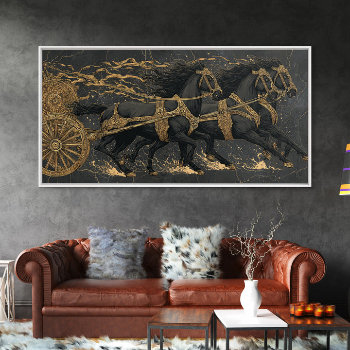 Viking War Chariot Canvas Gold Art, Nordic Mythology Canvas Art Print, Norse Decor for Office or Man Cave, framed with natural wood