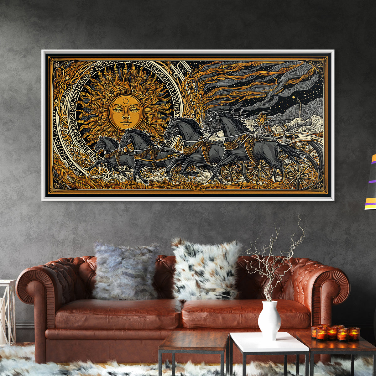 Sun Chariot of Sol Canvas Gold Art, Norse Mythology Canvas Art Wall Hanging, Viking Decor for Dad Gift, framed in authentic wood
