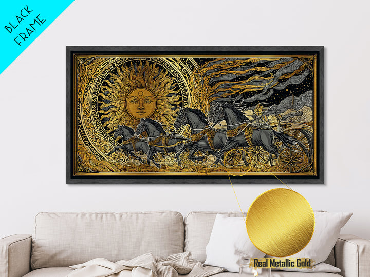 Sun Chariot of Sol Metallic Gold Art, Norse Mythology Metal Art Wall Hanging, Viking Decor for Dad Gift, framed in authentic wood