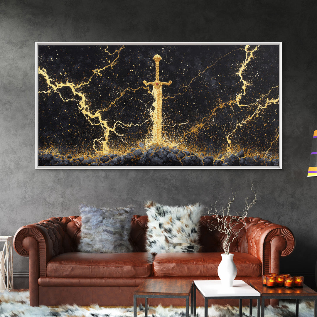 Excalibur Sword Canvas Gold Art, Norse Inspired Canvas Art Wall Decor, Mythology Office Art with wood frame, gift for men’s man cave