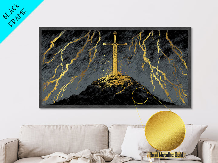 Storm Sword Metallic Gold Art, Nordic Mythology Metal Art Print, Viking Office Wall Art framed in real wood, masculine gift idea