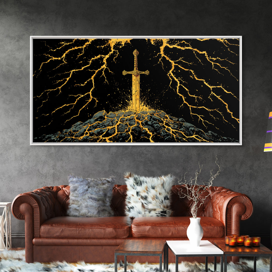 Lightning Sword Canvas Gold Art, Norse Mythology Canvas Art Wall Decor, Viking Warrior Office Art with natural wood frame, dad gift