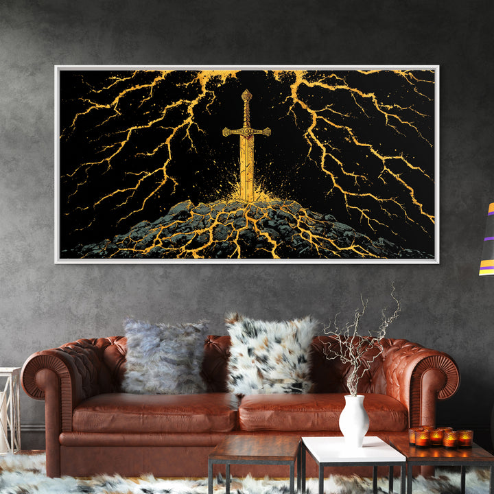Lightning Sword Canvas Gold Art, Norse Mythology Canvas Art Wall Decor, Viking Warrior Office Art with natural wood frame, dad gift